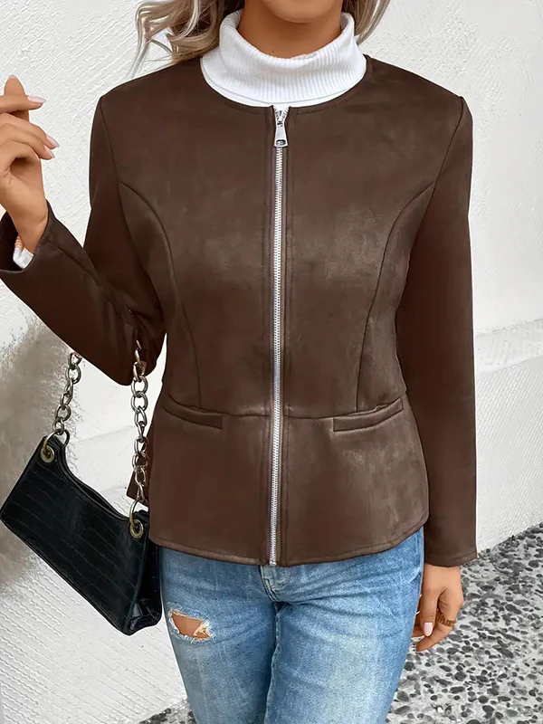 Long Sleeves Loose Pockets Solid Color Split-Joint Zipper Round-Neck Jackets Outerwear - Image 16
