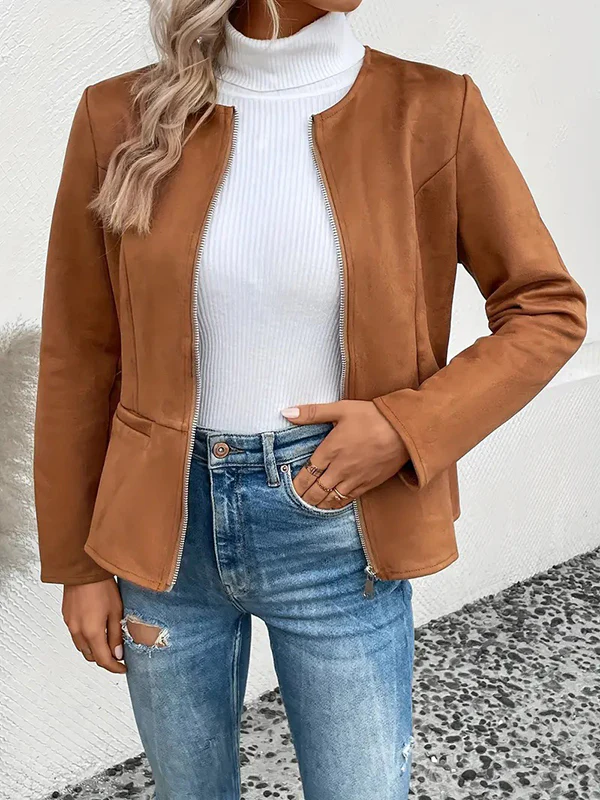 Long Sleeves Loose Pockets Solid Color Split-Joint Zipper Round-Neck Jackets Outerwear - Image 17