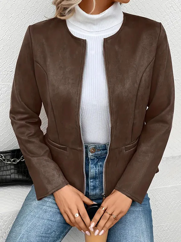 Long Sleeves Loose Pockets Solid Color Split-Joint Zipper Round-Neck Jackets Outerwear - Image 2