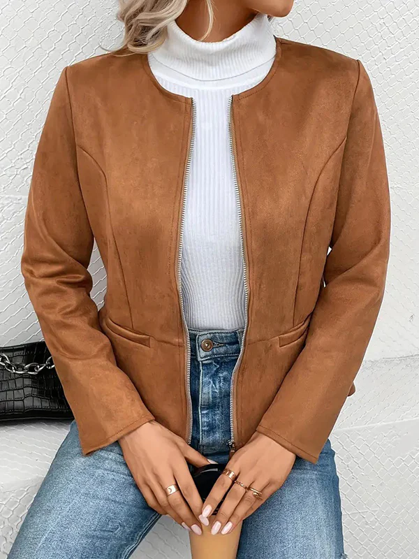 Long Sleeves Loose Pockets Solid Color Split-Joint Zipper Round-Neck Jackets Outerwear - Image 3