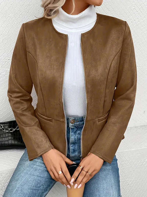 Long Sleeves Loose Pockets Solid Color Split-Joint Zipper Round-Neck Jackets Outerwear - Image 4