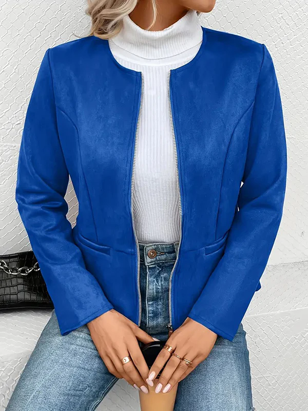Long Sleeves Loose Pockets Solid Color Split-Joint Zipper Round-Neck Jackets Outerwear - Image 5