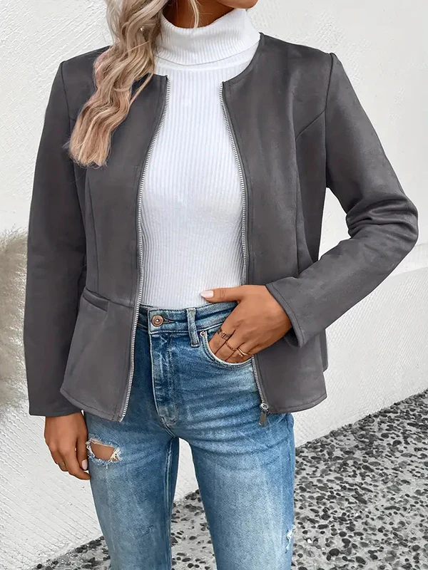 Long Sleeves Loose Pockets Solid Color Split-Joint Zipper Round-Neck Jackets Outerwear - Image 7
