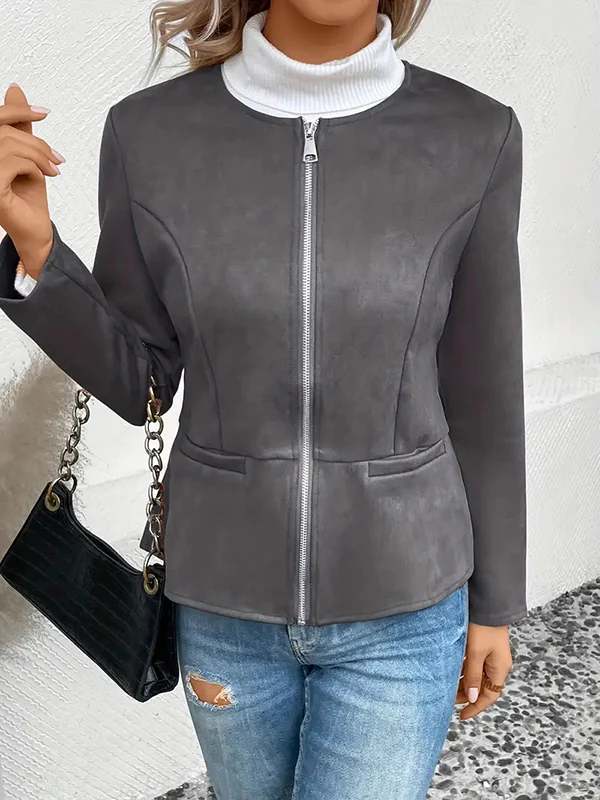 Long Sleeves Loose Pockets Solid Color Split-Joint Zipper Round-Neck Jackets Outerwear - Image 8