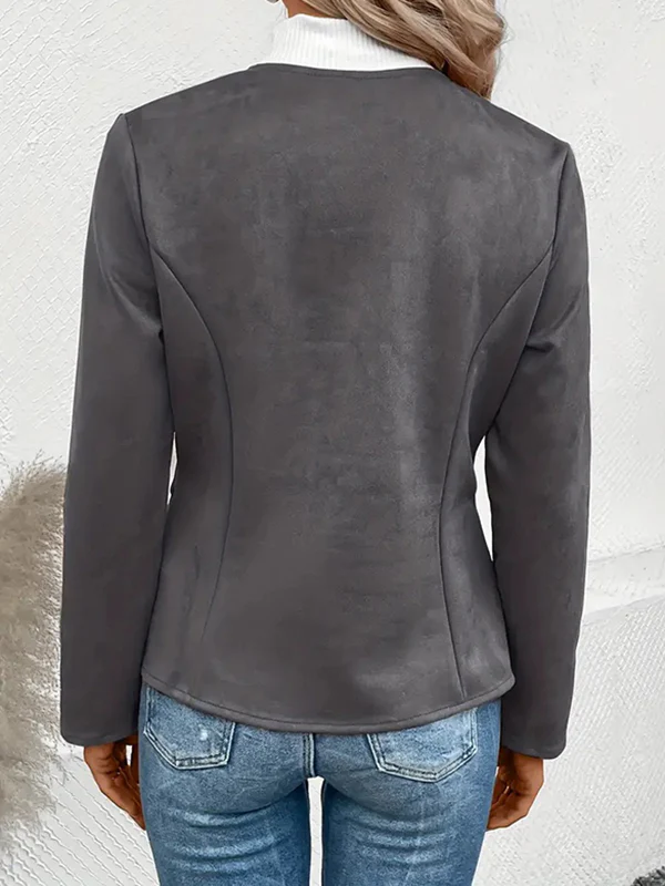 Long Sleeves Loose Pockets Solid Color Split-Joint Zipper Round-Neck Jackets Outerwear - Image 9