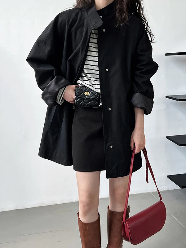 Long Sleeves Loose Pockets Solid Color Stand Collar Outerwear Trench Coats - Image 10