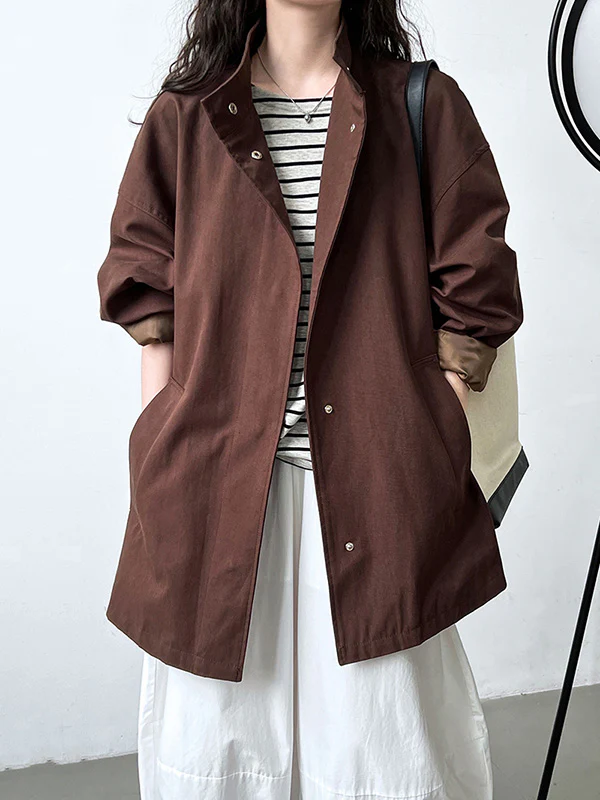 Long Sleeves Loose Pockets Solid Color Stand Collar Outerwear Trench Coats - Image 11