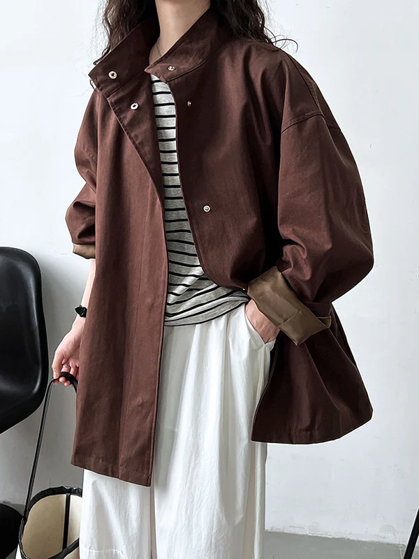 Long Sleeves Loose Pockets Solid Color Stand Collar Outerwear Trench Coats - Image 12