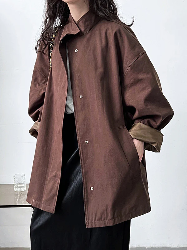 Long Sleeves Loose Pockets Solid Color Stand Collar Outerwear Trench Coats - Image 13