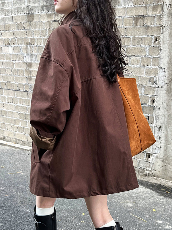Long Sleeves Loose Pockets Solid Color Stand Collar Outerwear Trench Coats - Image 14
