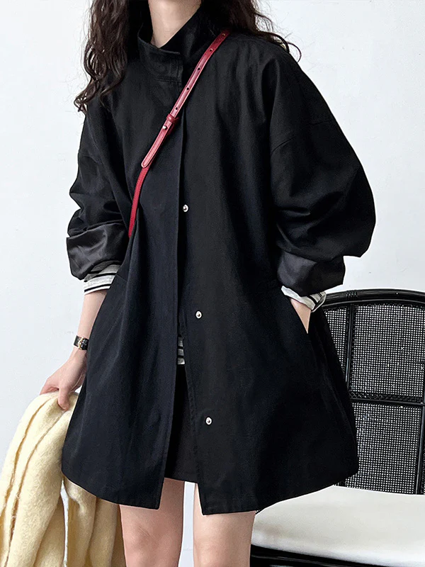 Long Sleeves Loose Pockets Solid Color Stand Collar Outerwear Trench Coats - Image 2