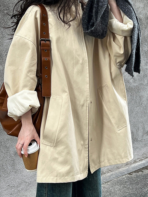 Long Sleeves Loose Pockets Solid Color Stand Collar Outerwear Trench Coats - Image 3