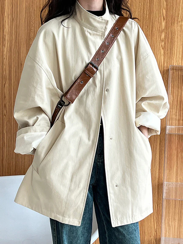 Long Sleeves Loose Pockets Solid Color Stand Collar Outerwear Trench Coats - Image 5