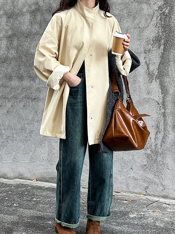 Long Sleeves Loose Pockets Solid Color Stand Collar Outerwear Trench Coats - Image 6