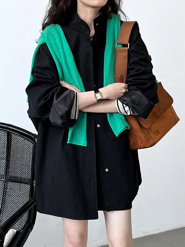 Long Sleeves Loose Pockets Solid Color Stand Collar Outerwear Trench Coats - Image 7
