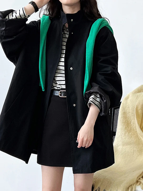 Long Sleeves Loose Pockets Solid Color Stand Collar Outerwear Trench Coats - Image 8