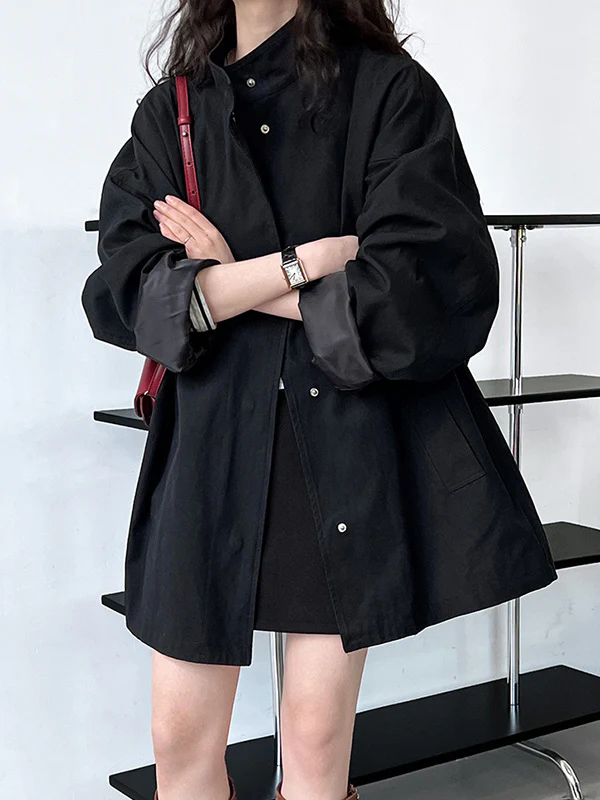 Long Sleeves Loose Pockets Solid Color Stand Collar Outerwear Trench Coats - Image 9