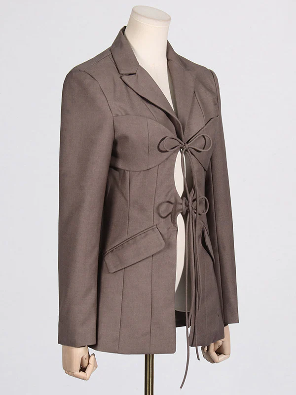 Long Sleeves Loose Pockets Solid Color Tied Notched Collar Blazer Outerwear - Image 10
