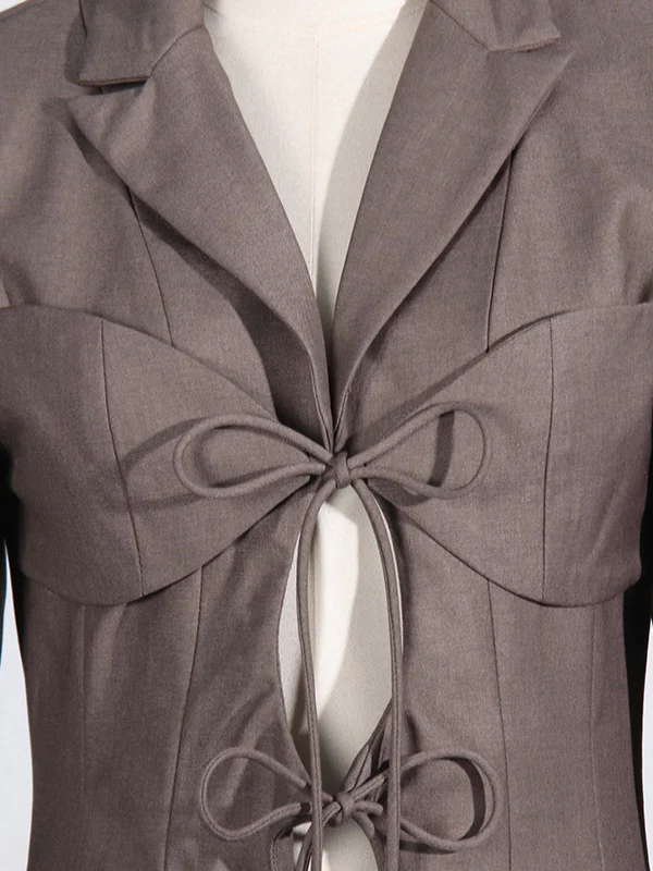 Long Sleeves Loose Pockets Solid Color Tied Notched Collar Blazer Outerwear - Image 12