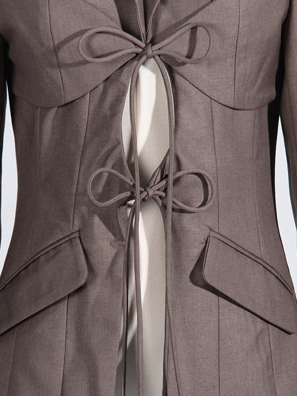 Long Sleeves Loose Pockets Solid Color Tied Notched Collar Blazer Outerwear - Image 13