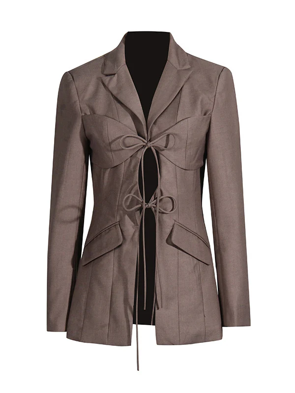 Long Sleeves Loose Pockets Solid Color Tied Notched Collar Blazer Outerwear - Image 14