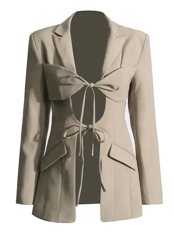 Long Sleeves Loose Pockets Solid Color Tied Notched Collar Blazer Outerwear - Image 15