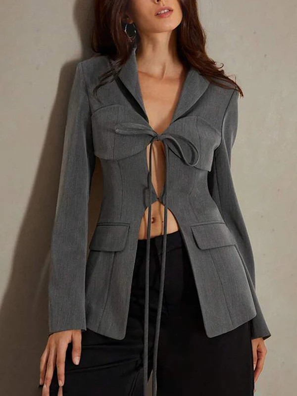 Long Sleeves Loose Pockets Solid Color Tied Notched Collar Blazer Outerwear - Image 2