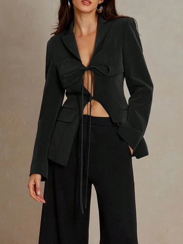 Long Sleeves Loose Pockets Solid Color Tied Notched Collar Blazer Outerwear - Image 3