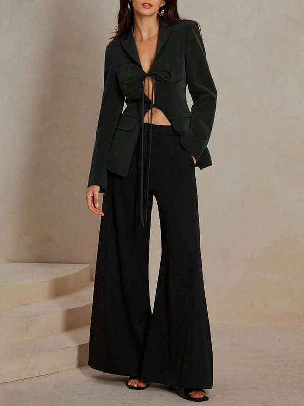 Long Sleeves Loose Pockets Solid Color Tied Notched Collar Blazer Outerwear - Image 4