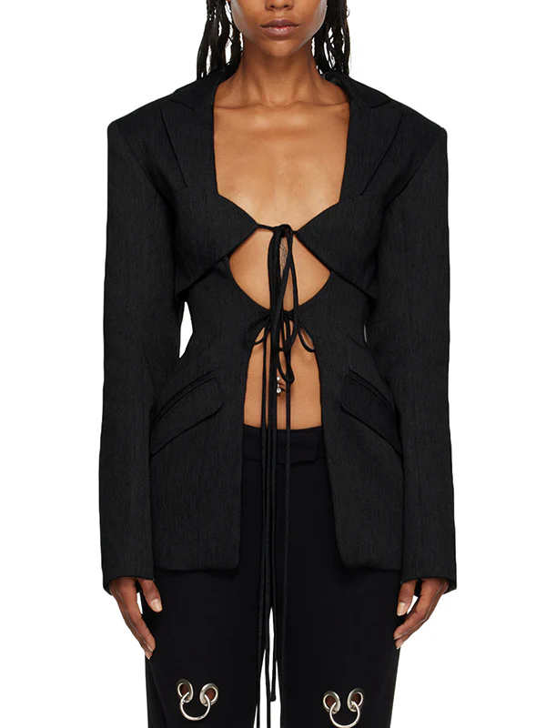 Long Sleeves Loose Pockets Solid Color Tied Notched Collar Blazer Outerwear - Image 5