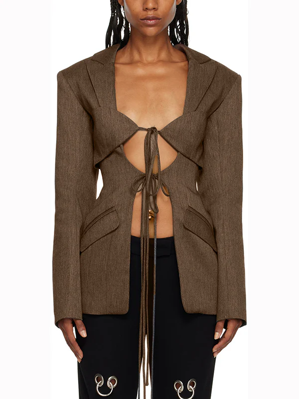 Long Sleeves Loose Pockets Solid Color Tied Notched Collar Blazer Outerwear - Image 6