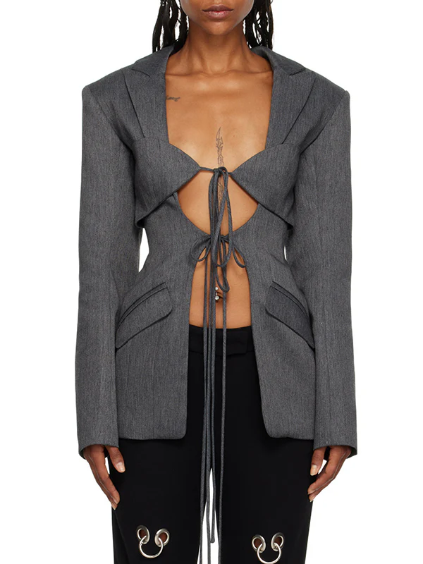 Long Sleeves Loose Pockets Solid Color Tied Notched Collar Blazer Outerwear - Image 7
