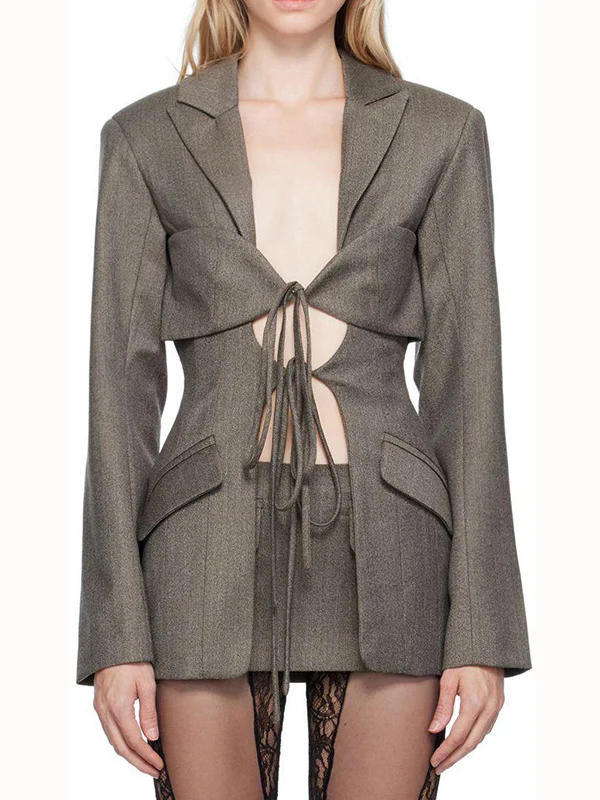 Long Sleeves Loose Pockets Solid Color Tied Notched Collar Blazer Outerwear - Image 8