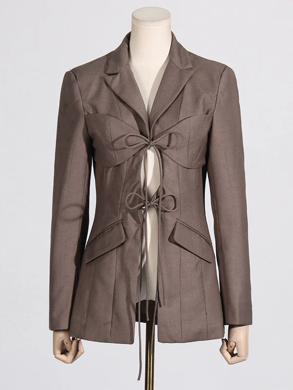 Long Sleeves Loose Pockets Solid Color Tied Notched Collar Blazer Outerwear - Image 9