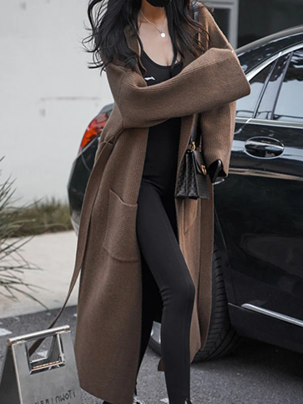 Long Sleeves Loose Pockets Solid Color Tied Waist Notched Collar Cardigan Coats - Image 10