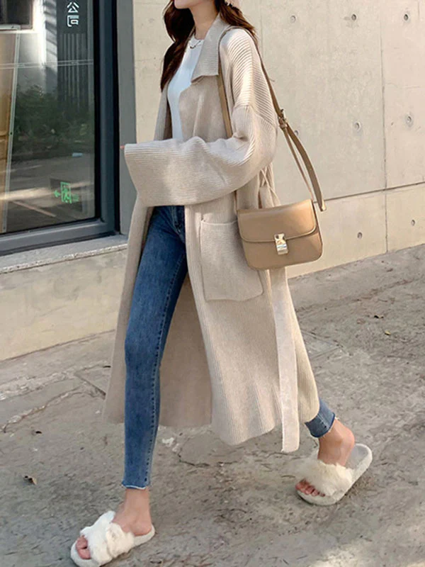 Long Sleeves Loose Pockets Solid Color Tied Waist Notched Collar Cardigan Coats - Image 2