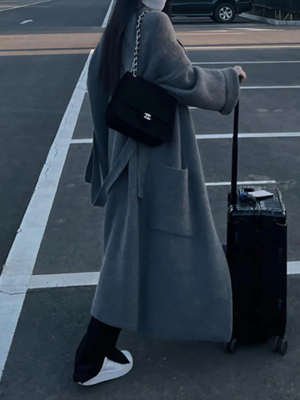 Long Sleeves Loose Pockets Solid Color Tied Waist Notched Collar Cardigan Coats - Image 3