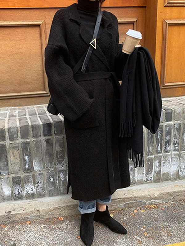 Long Sleeves Loose Pockets Solid Color Tied Waist Notched Collar Cardigan Coats - Image 4