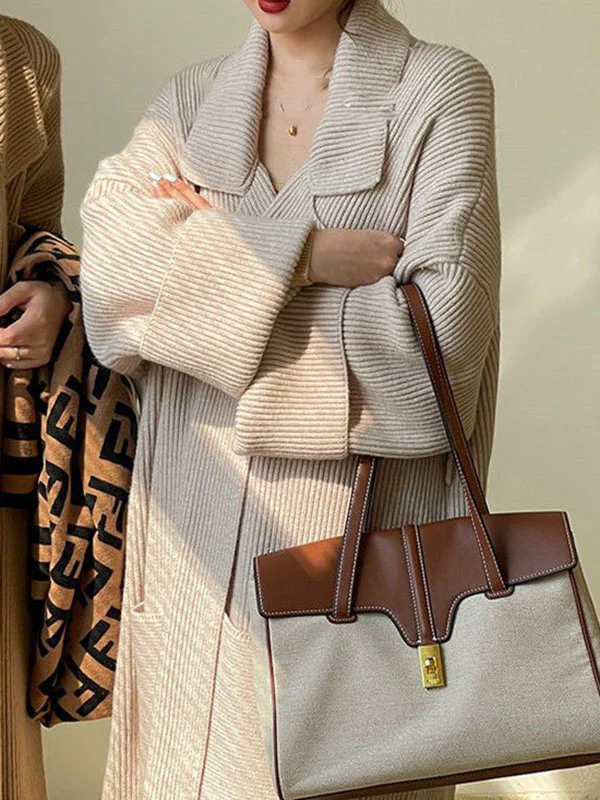 Long Sleeves Loose Pockets Solid Color Tied Waist Notched Collar Cardigan Coats - Image 5