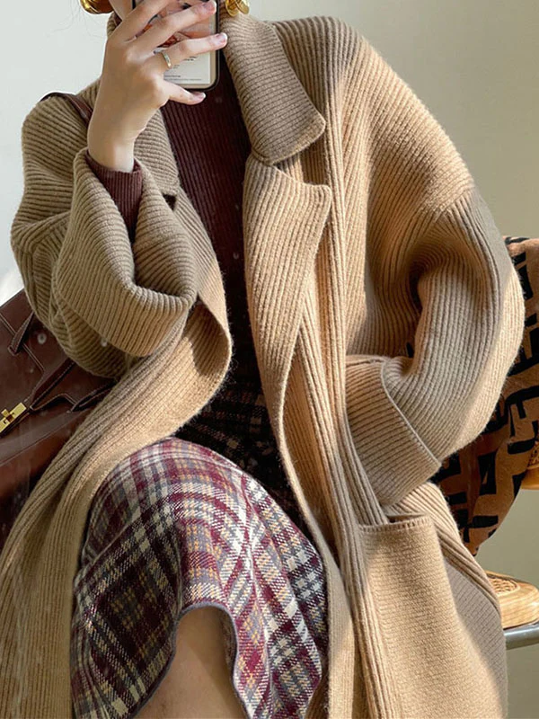 Long Sleeves Loose Pockets Solid Color Tied Waist Notched Collar Cardigan Coats - Image 7