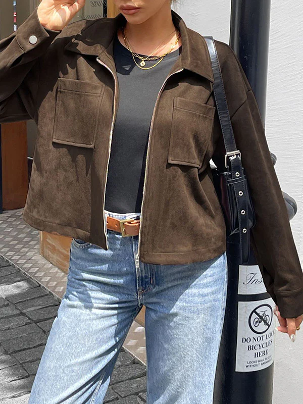 Long Sleeves Loose Pockets Solid Color Zipper Lapel Jackets Outerwear - Image 4