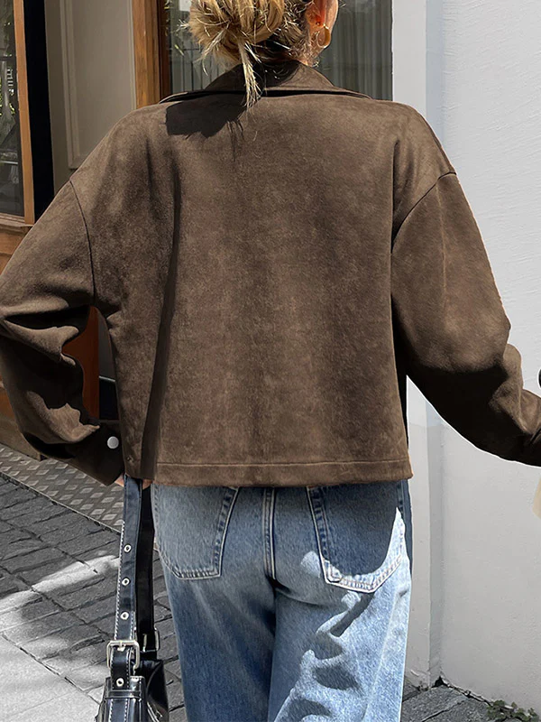 Long Sleeves Loose Pockets Solid Color Zipper Lapel Jackets Outerwear - Image 5