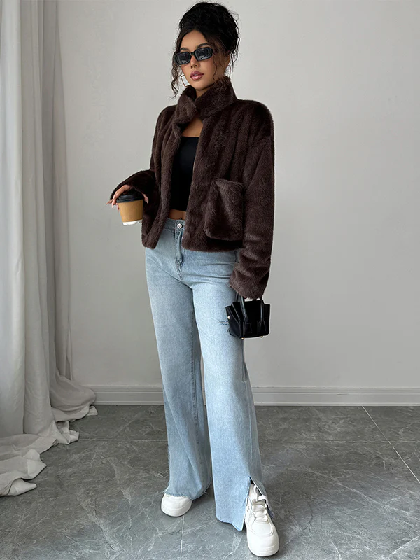 Long Sleeves Loose Pockets Solid Color Zipper Stand Collar Outerwear Sweater Tops - Image 2