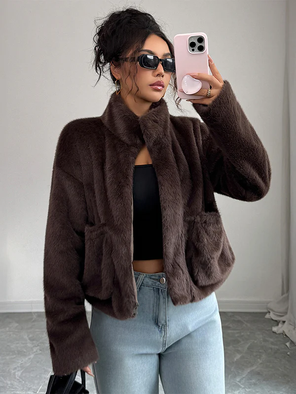 Long Sleeves Loose Pockets Solid Color Zipper Stand Collar Outerwear Sweater Tops - Image 3