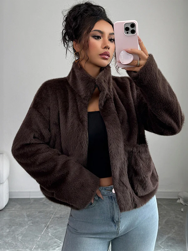 Long Sleeves Loose Pockets Solid Color Zipper Stand Collar Outerwear Sweater Tops - Image 4