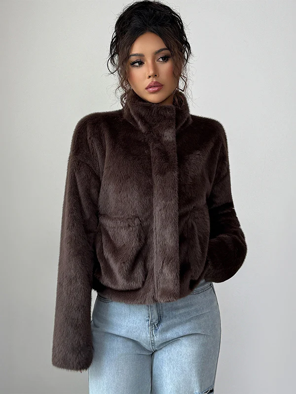 Long Sleeves Loose Pockets Solid Color Zipper Stand Collar Outerwear Sweater Tops - Image 5