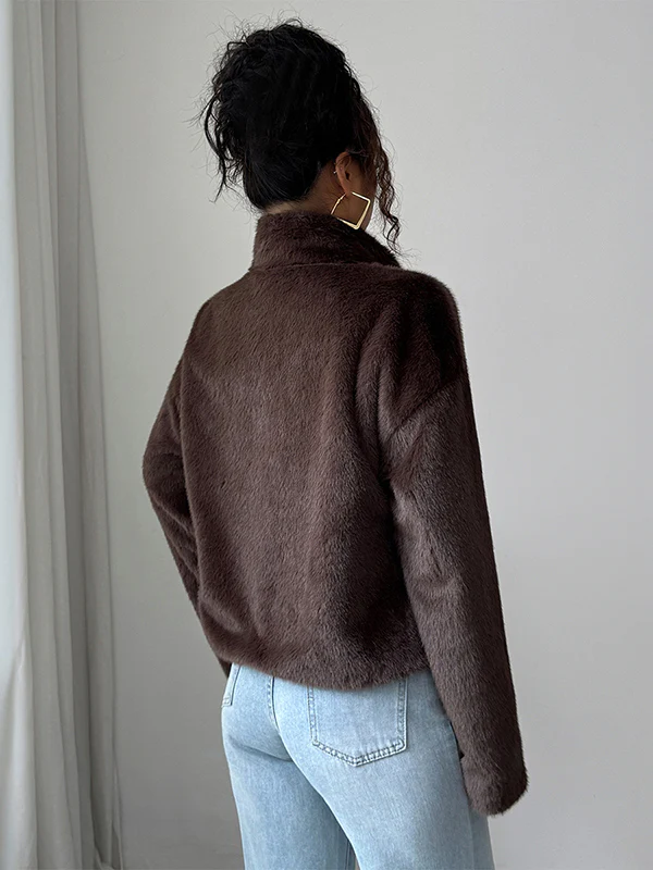 Long Sleeves Loose Pockets Solid Color Zipper Stand Collar Outerwear Sweater Tops - Image 6
