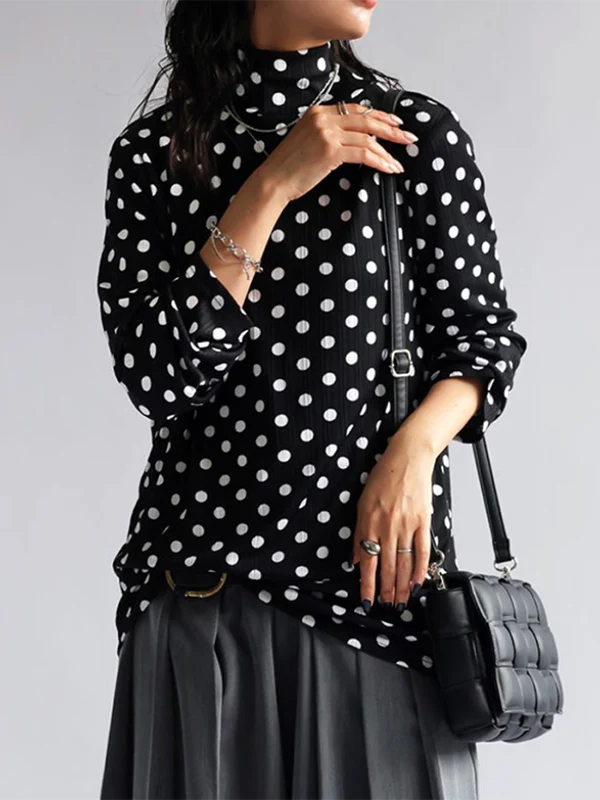 Long Sleeves Loose Polka-Dot Heaps Collar T-Shirts Tops - Image 2