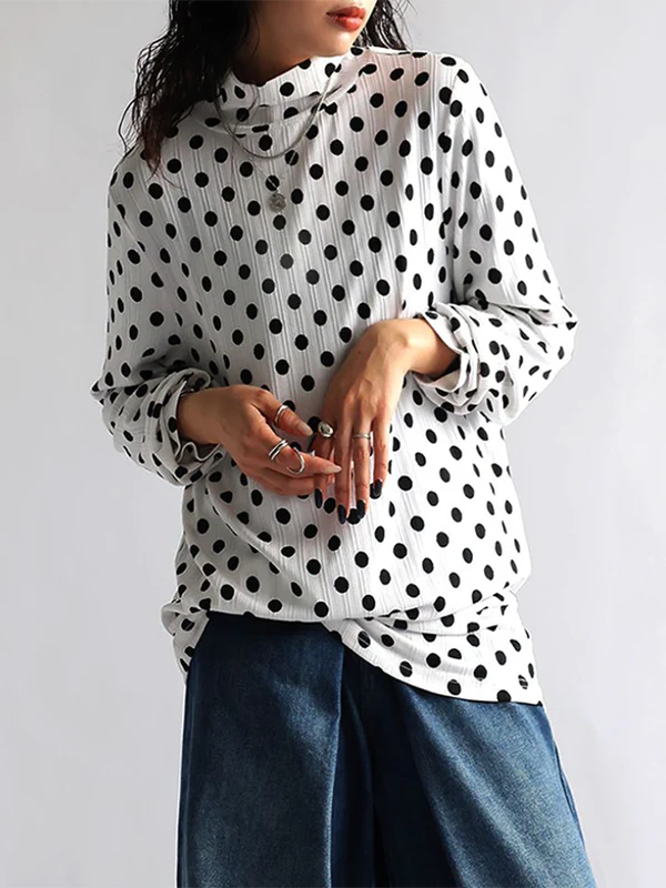 Long Sleeves Loose Polka-Dot Heaps Collar T-Shirts Tops - Image 3