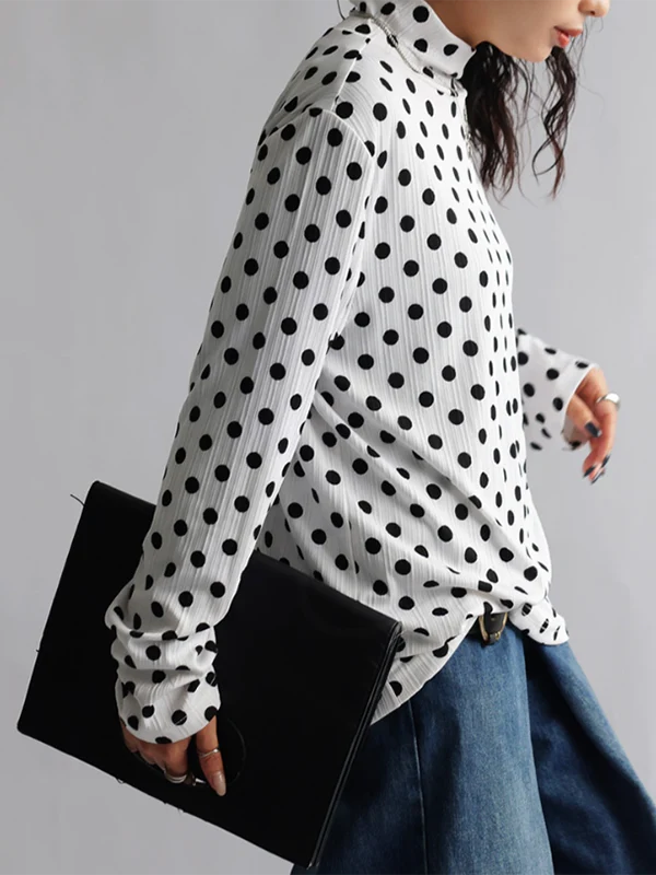 Long Sleeves Loose Polka-Dot Heaps Collar T-Shirts Tops - Image 4